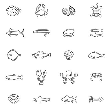 Deniz gıda ince çizgi Icon Set. Vektör