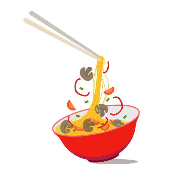 Sopa de fideos de dibujos animados en un tazón chino. Vector — Archivo Imágenes Vectoriales