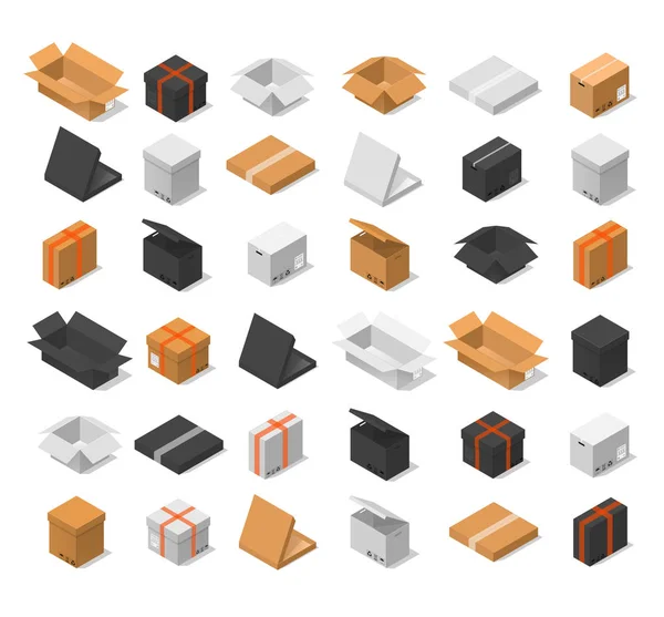 Caixas de papelão Conjunto de cores Vista isométrica. Vetor —  Vetores de Stock