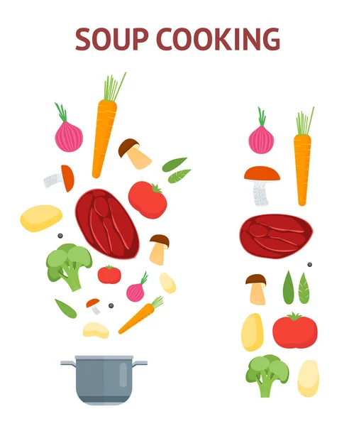 Мультяшна посуд та інгредієнти Набір для приготування супу. Векторні — стоковий вектор