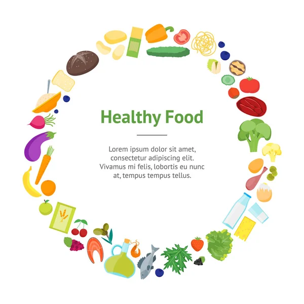 Kreslený barevný zdravé potraviny Banner kartu kruh. Vektor — Stockový vektor