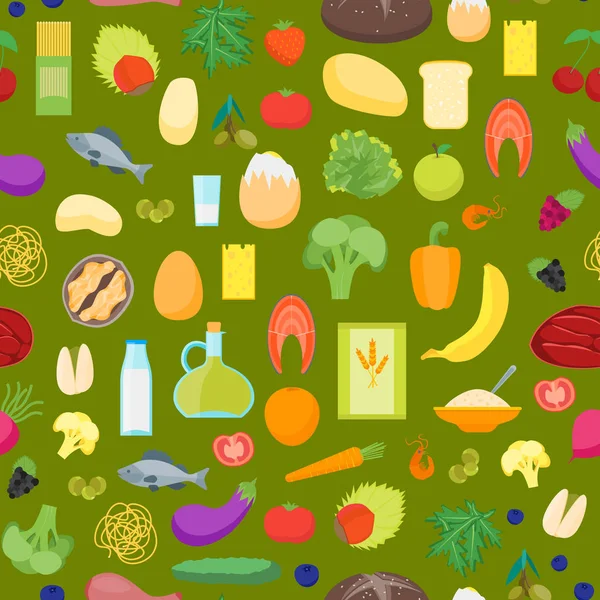 Cartoon Color Healthy Food Background Pattern on a Green (dalam bahasa Inggris). Vektor - Stok Vektor