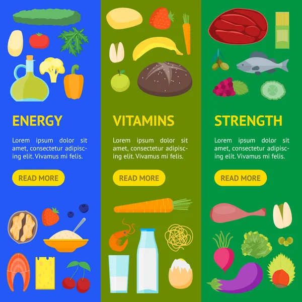 만화 색 건강 식품 배너 Vecrtical 세트입니다. 벡터 — 스톡 벡터