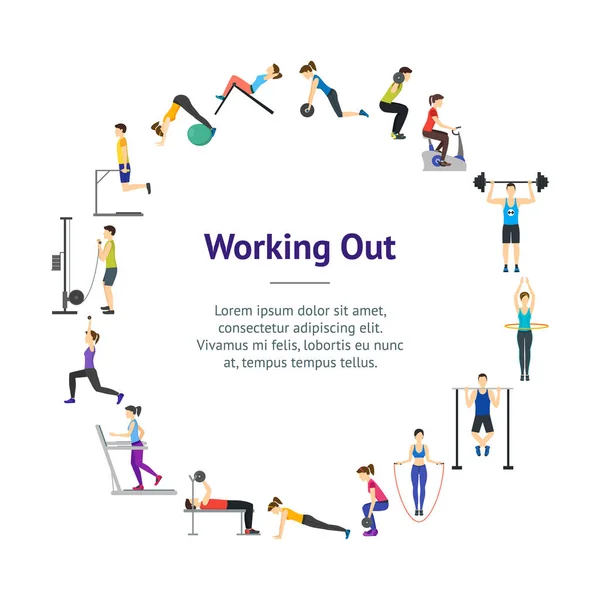 Ejercicio de Cartoon Girl y Boy Workout en Gym Banner Card Circle. Vector — Archivo Imágenes Vectoriales