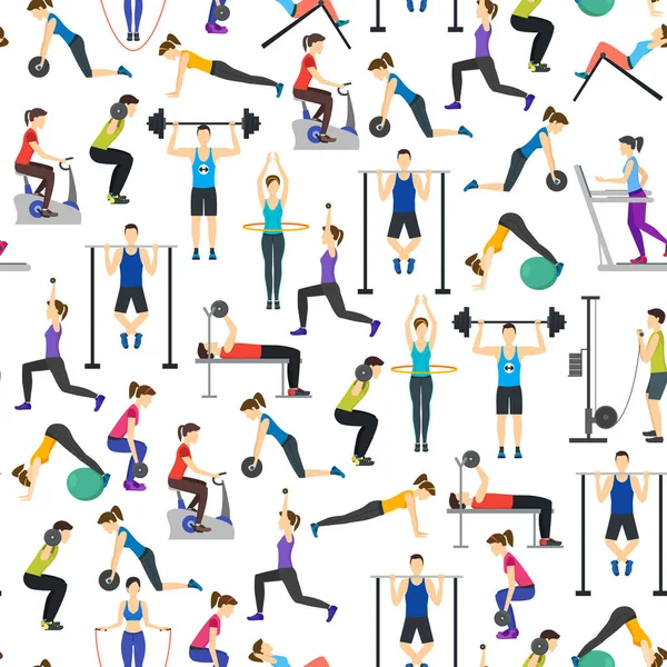 Ejercicio de entrenamiento de gente de dibujos animados en el patrón de fondo del gimnasio en un blanco. Vector — Vector de stock