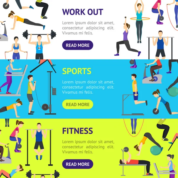 Çizgi film kız ve çocuk egzersiz egzersiz jimnastik salonu afiş yatay küme. Vektör