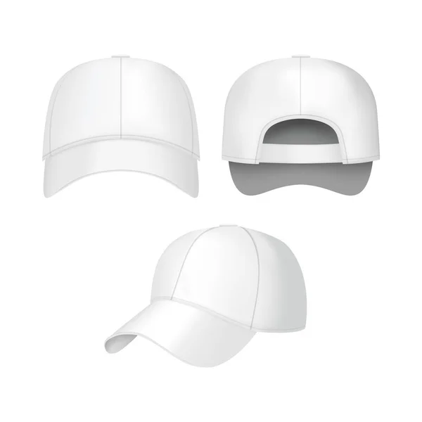 Realista 3d blanco conjunto de gorra de béisbol. Vector — Archivo Imágenes Vectoriales