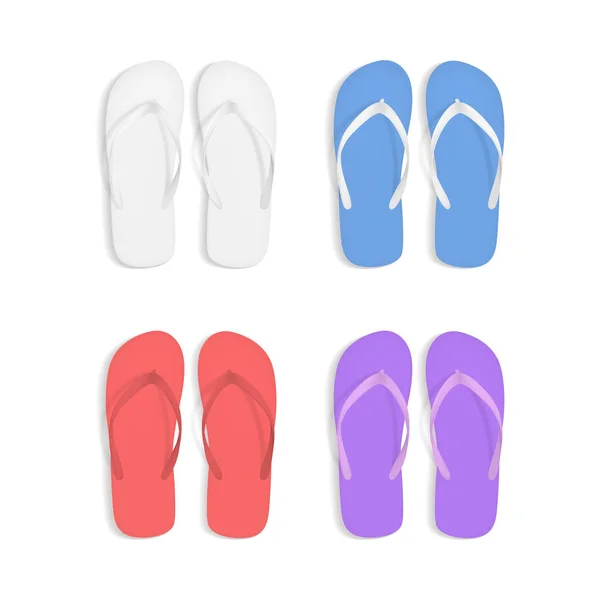 Réaliste 3d Coloré Flip Flops Pantoufles de plage Sandales Set. Vecteur — Image vectorielle