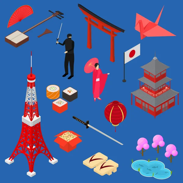 Symbole du Japon Icône Set vue isométrique. Vecteur — Image vectorielle