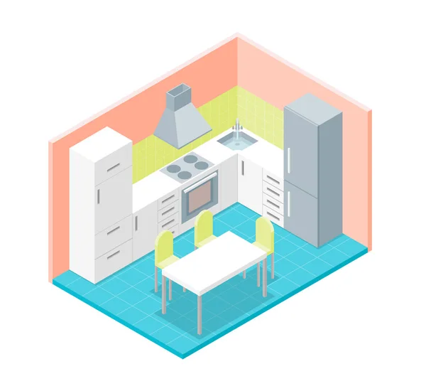 Cocina Interior Habitación con Muebles Vista Isométrica. Vector — Archivo Imágenes Vectoriales