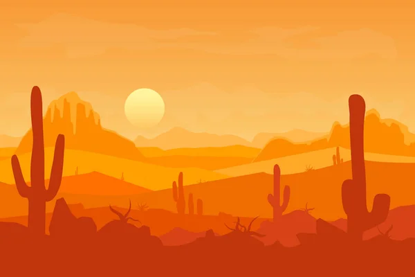 Cartoon Desert with Silhouettes Cactus and Mountain. Vettore — Vettoriale Stock