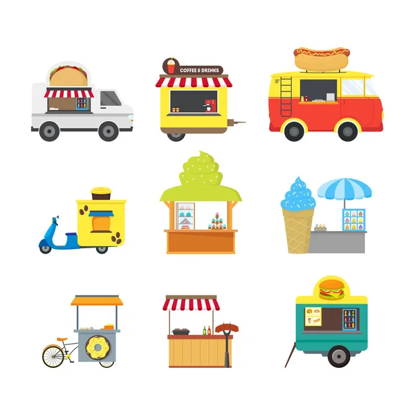 Conjunto de quioscos de puestos de camiones de comida de la calle Cartoon. Vector — Vector de stock