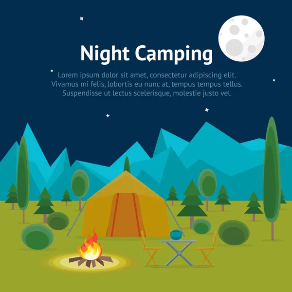 Caricatura Camping Noche Ver Cartel Tarjeta. Vector — Vector de stock