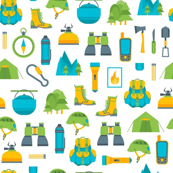 Cartoon Traveling Camping and Hiking Background Pattern on a White. Вектор — стоковый вектор