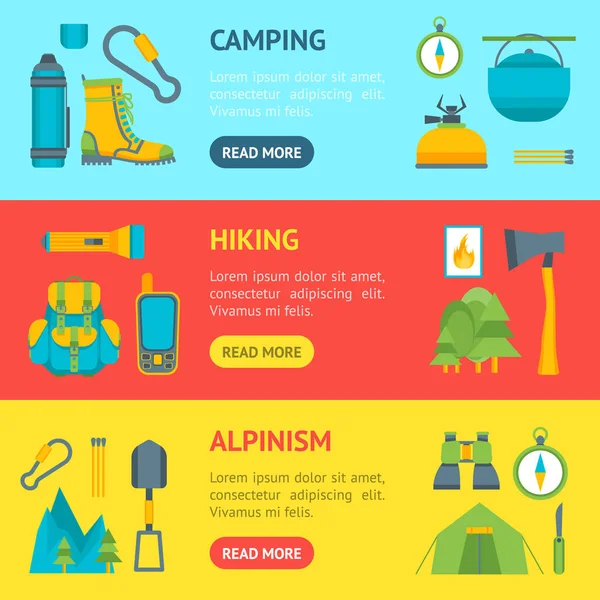 Cartoon Traveling Camping and Hiking Banner Horizontal Set. Vector — Vector de stock