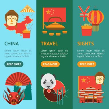 Karikatür Çin Kültür ve Turizm Vecrtical Set afiş. Vektör