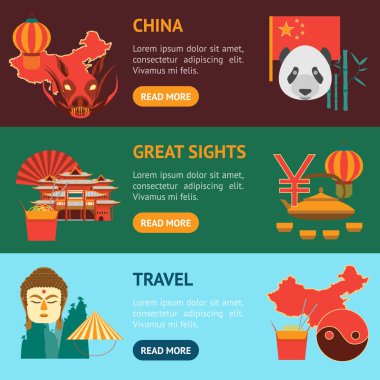 Karikatür Çin Kültür ve Turizm afiş yatay küme. Vektör