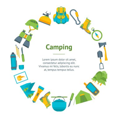 Seyahat kamp ve afiş kartı daire yürüyüş karikatür. Vektör