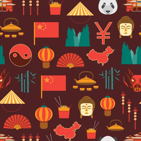 Cartoon Chinese cultuur en toerisme achtergrondpatroon op een rode. Vector — Stockvector
