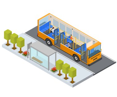 Otobüs durağı istasyonu Autobus insanlar ve koltuk izometrik manzaralı. Vektör