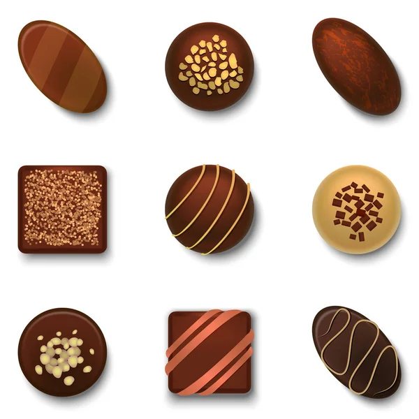 Realistico set di caramelle al cioccolato 3d. Vettore — Vettoriale Stock