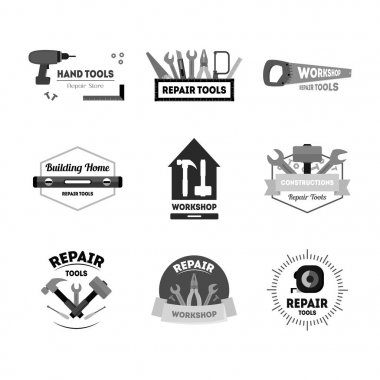 Çizgi film siluet siyah el araçları rozetleri veya etiketleri kümesi. Vektör