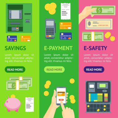 Çizgi film ödeme Banner Vecrtical küme. Vektör