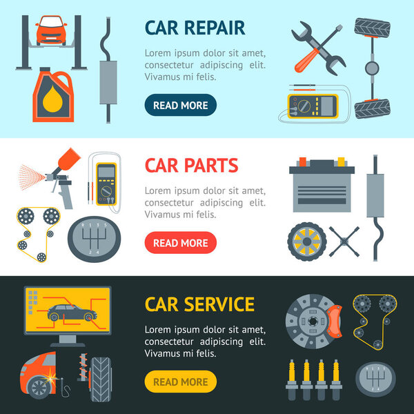 Cartoon Car Service Banner Horizontal Set. Vector