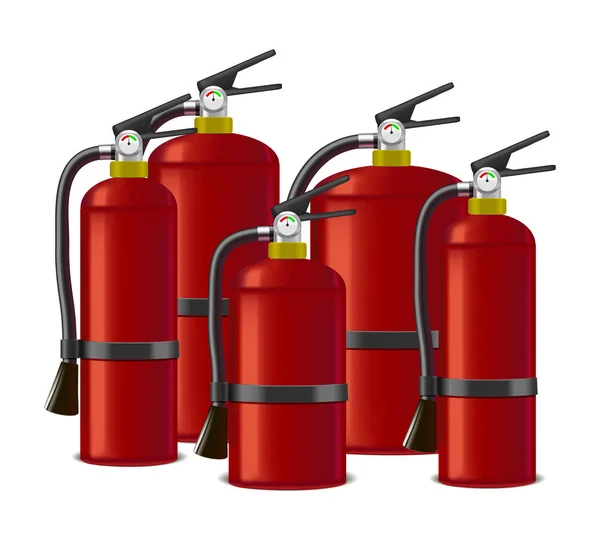 Realistic Detailed Red Extinguisher or Quencher Set (en inglés). Vector — Vector de stock