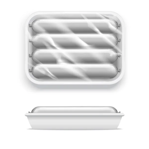 Modello realistico Salsiccia bianca vuota nel pacchetto del supermercato. Vettore — Vettoriale Stock