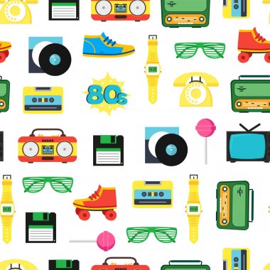 Çizgi film 80'ler tarzı sembolü arka plan deseni bir beyaz. Vektör