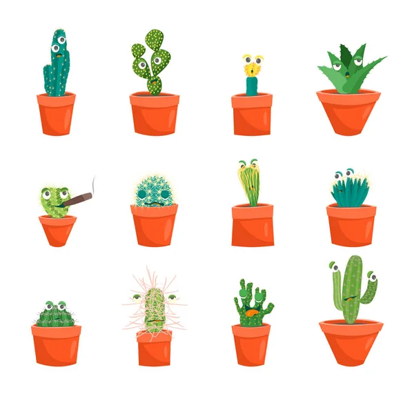 Dessin animé drôle Cactus personnages icônes ensemble. Vecteur — Image vectorielle