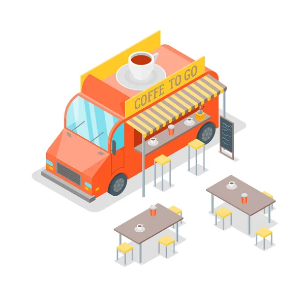 Street Café Food Truck Vista isométrica. Vector — Vector de stock