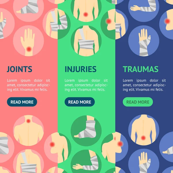 Set de Lesiones Humanas Bandage and Center Pain Banner Vecrtical Set. Vector — Vector de stock