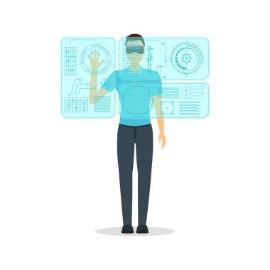 Çizgi film sanal gerçeklik fütüristik teknoloji görüntüleme konsepti olan adam. Vektör