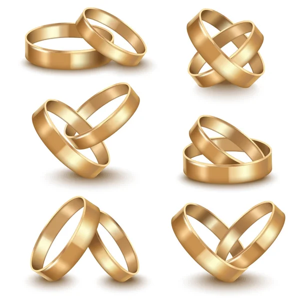 Conjunto de anéis de casamento dourados detalhados realista. Vetor — Vetor de Stock