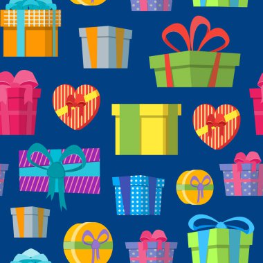 Çizgi film renk hediye kutuları arka plan deseni mavi üzerinde. Vektör