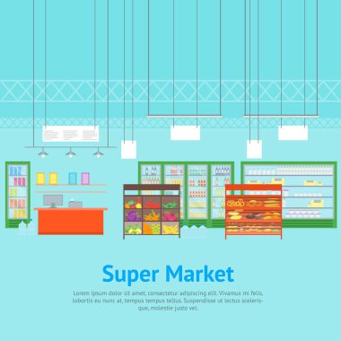 Çizgi film iç Süper Market veya dükkan mobilya kartı posteri ile. Vektör