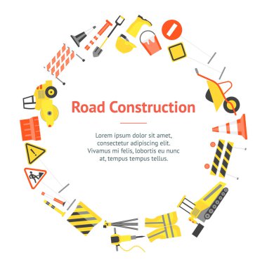 Çizgi film yol inşaat afiş kartı daire. Vektör