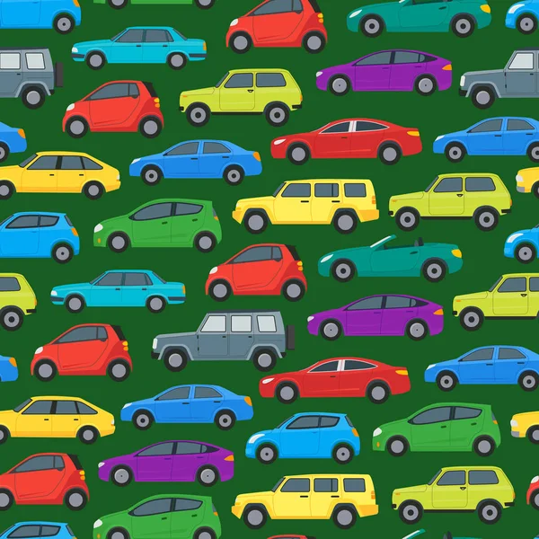 Cartoon Cars modello di sfondo su un verde. Vettore — Vettoriale Stock