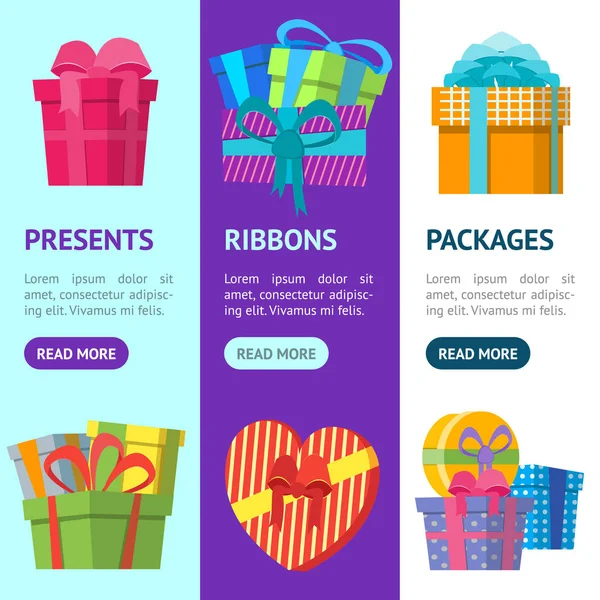 Cartoon Color Gift Boxes Banner Vecrical Set. Вектор — стоковый вектор