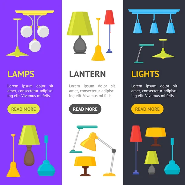Desen animat Home Illumination Lampă Banner Set ecologic. Vector — Vector de stoc
