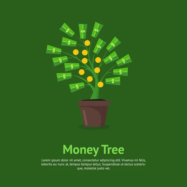 Money Tree Growing in Pot Card Poster. Vector — Stock Vector