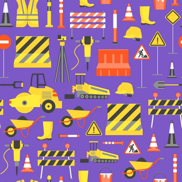 Cartoon Road Construction Background Pattern on a Purple. Вектор — стоковый вектор