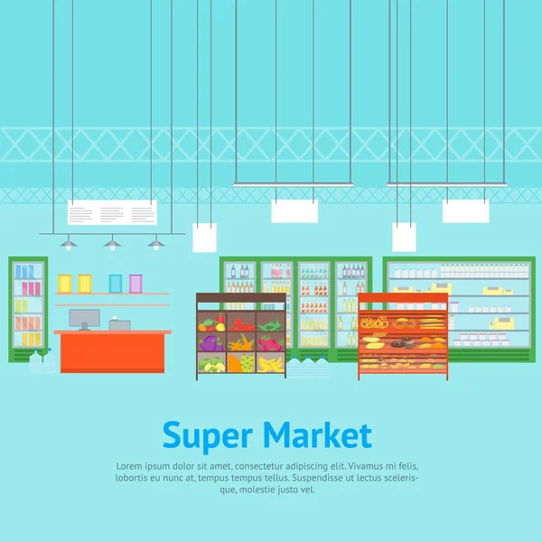 Caricatura Interior Super Market o tienda con carteles de tarjetas de muebles. Vector — Vector de stock
