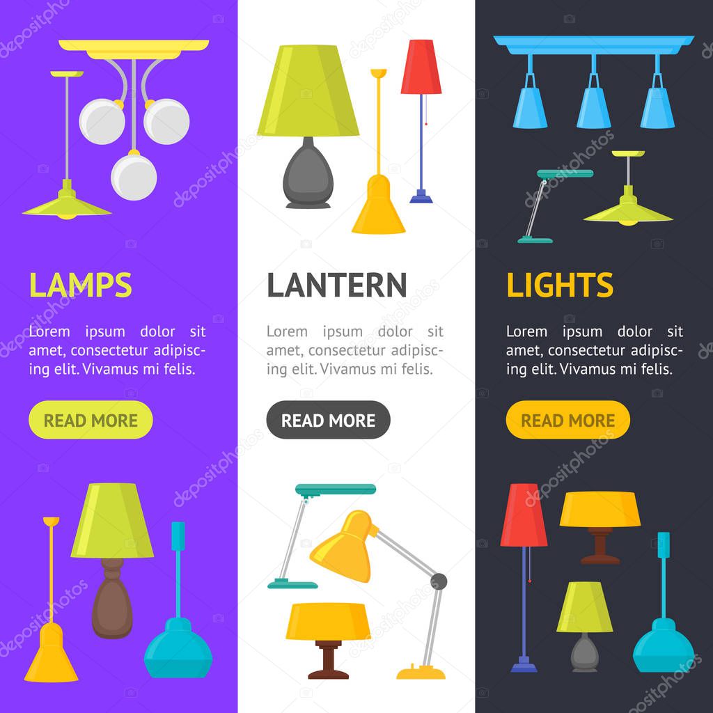 Cartoon Home Illumination Lamp Banner Vecrtical Set. Vector