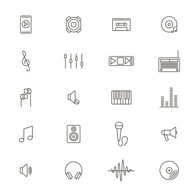 Akustik ve ses siyah ince çizgi Icon Set. Vektör