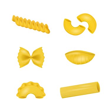 Gerçekçi detaylı 3d kuru makarna çeşitli makarna. Vektör