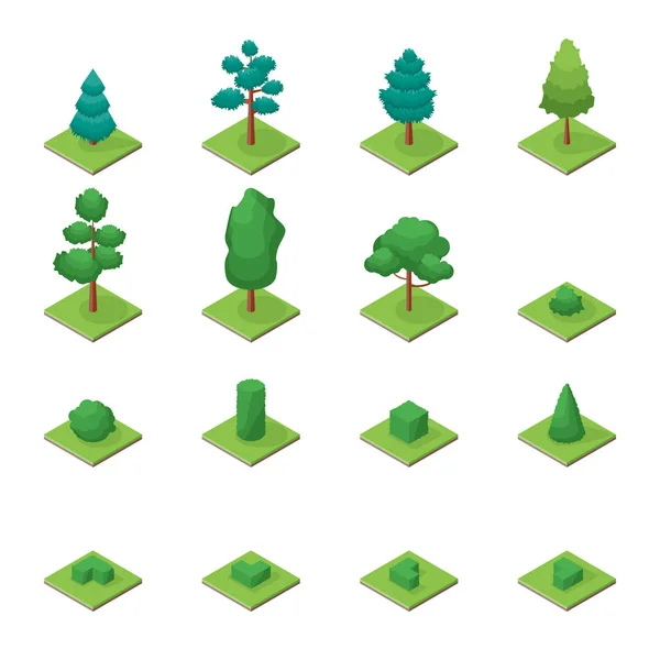 Gröna träd Park objekt uppsättning ikoner 3d isometrisk vy. Vektor — Stock vektor