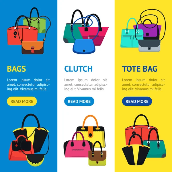 Tecknad handväska eller kvinnliga väskor Banner Vecrtical Set. Vektor — Stock vektor